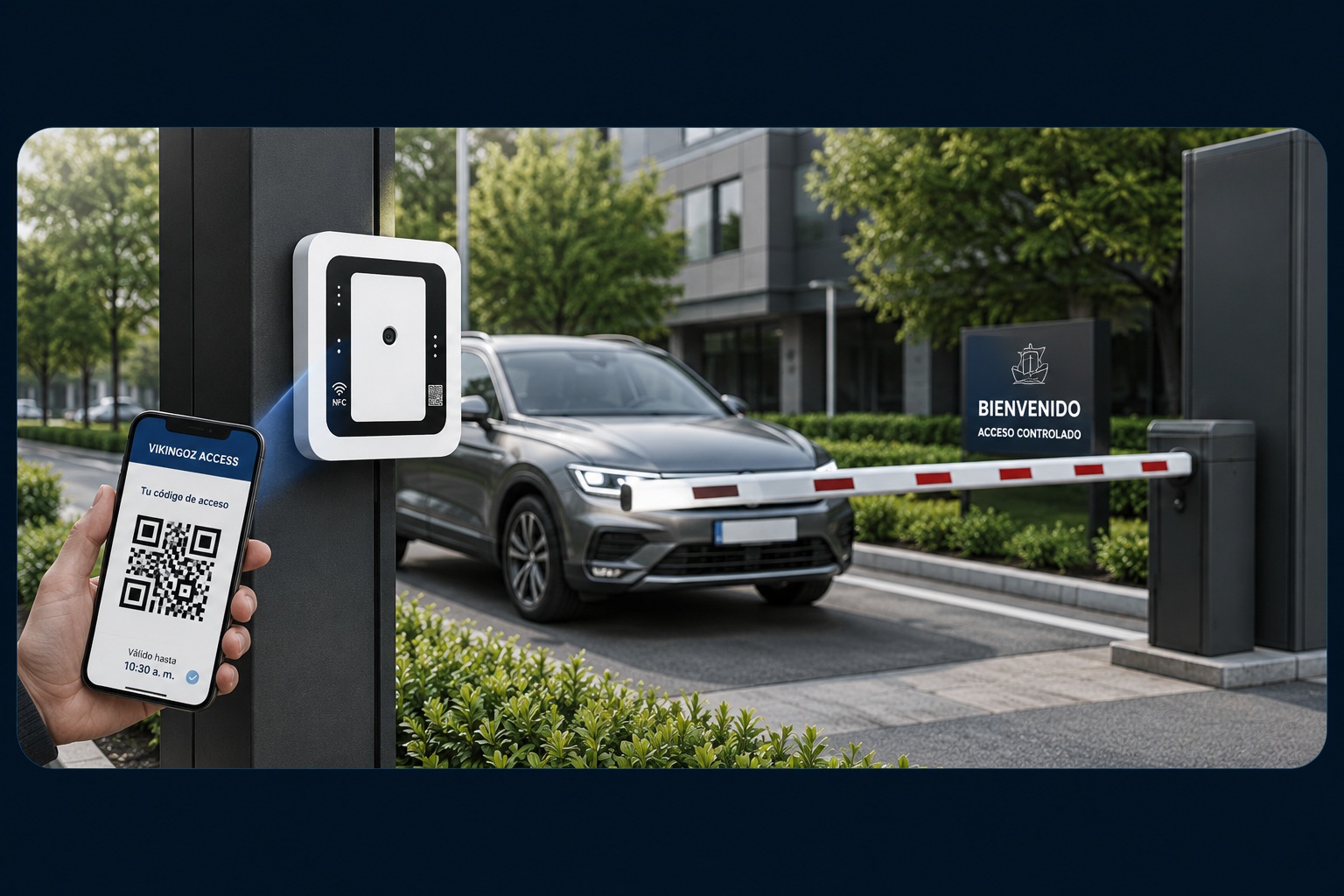 Ingreso vehicular con barrera, lector y código QR
